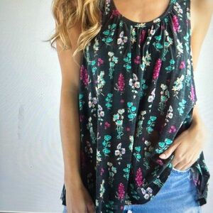 NATURAL LIFE Black Floral Tank Top with Teal & Magenta Accents